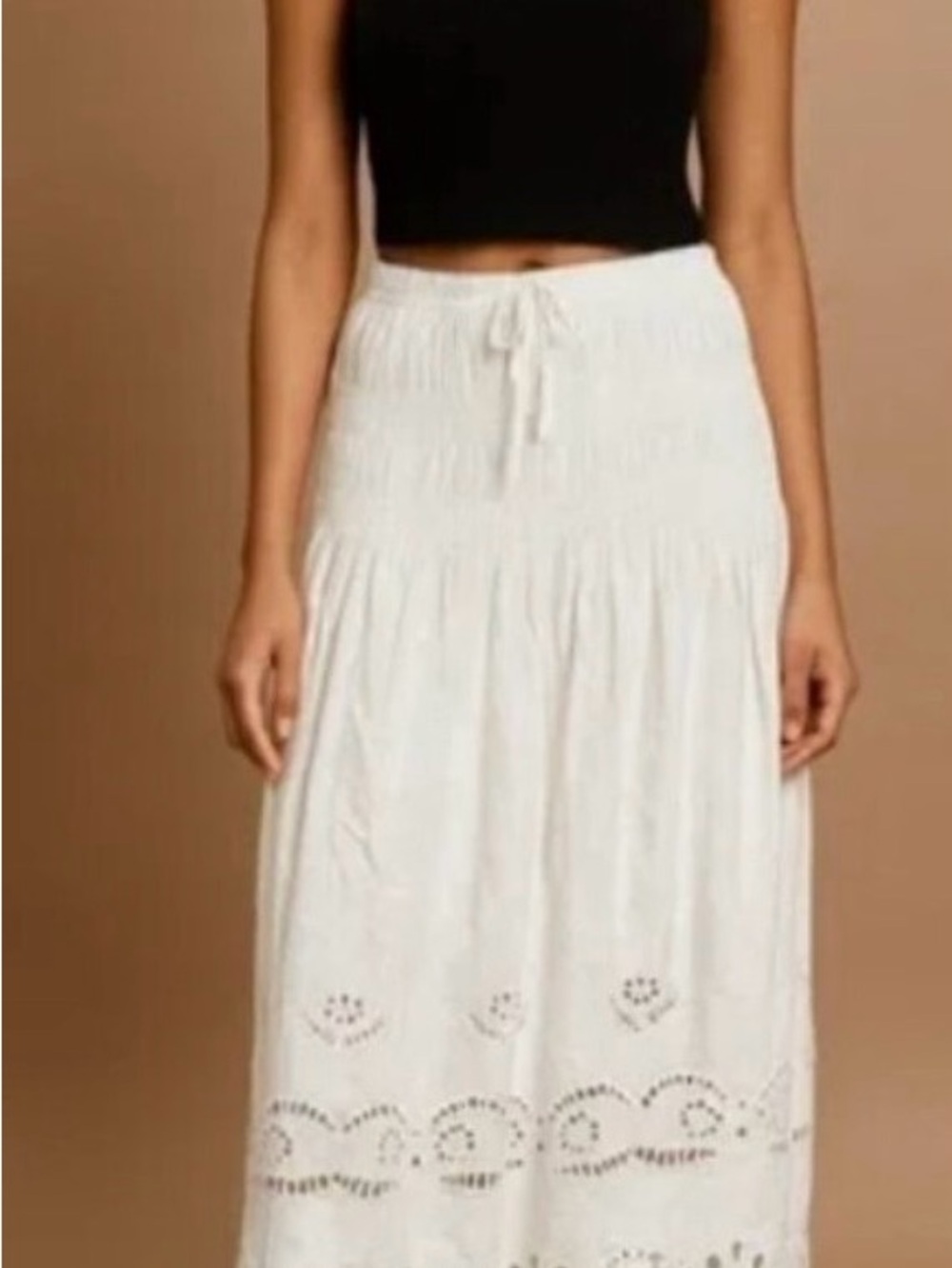 White Eyelet Tiered Maxi Skirt with Drawstring Waist - Picture 3 of 8